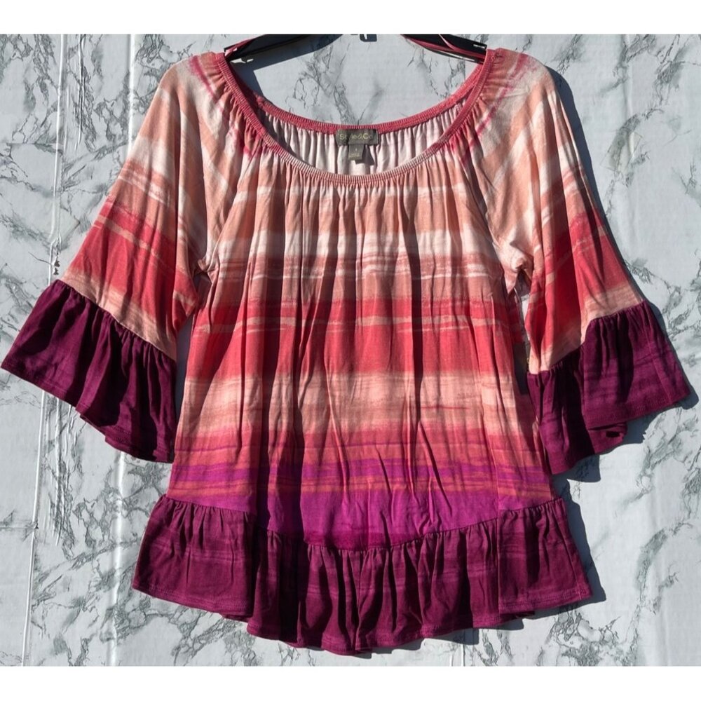 Style & Co Womens Small Faded Pink Ombre Boho Ruffle Top
